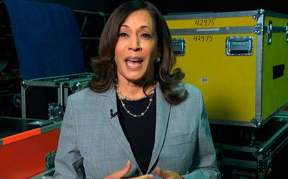 In this image from video, Democratic vice presidential candidate Sen. Kamala Harris, D-Calif., ...