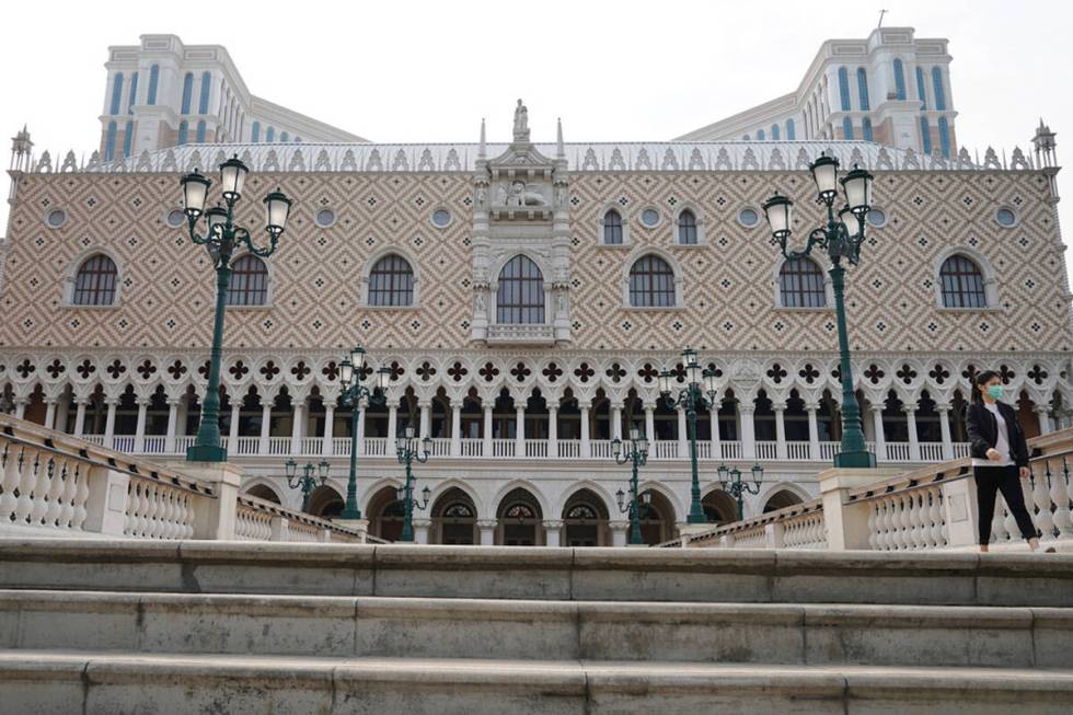 A lone pedestrian outside the Venetian Macao Resort Hotel on April 10, 2020. (Inside Asian Gaming)