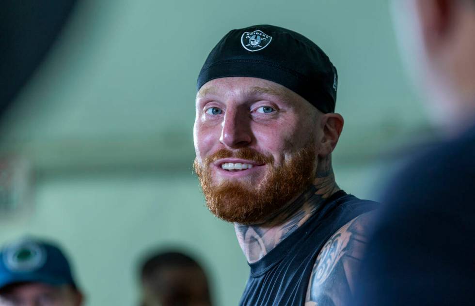 Raiders defensive end Maxx Crosby (98) answers a question during a media interview on the first ...