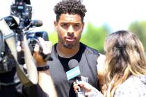 Oakland Raiders wide receiver Keelan Doss gives an interview during the NFL team's training cam ...