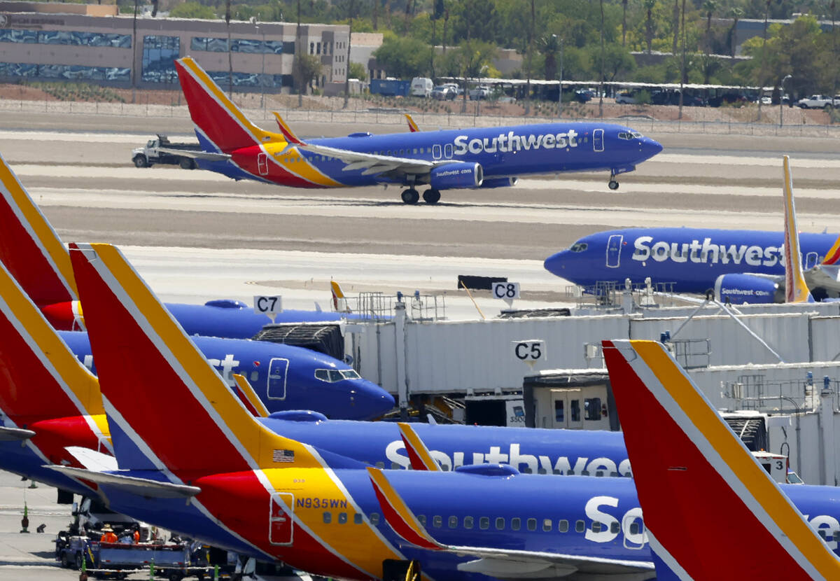 A Southwest Airlines jet takes off at Harry Reid International Airport, on Thursday, July 25, 2 ...