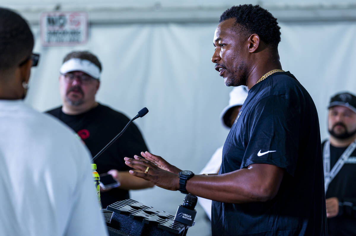 Raiders defensive coordinator Patrick Graham answers a question in a media interview during the ...