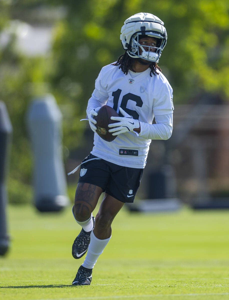 Raiders wide receiver Jakobi Meyers (16) catches a pass during the second day of Raiders traini ...
