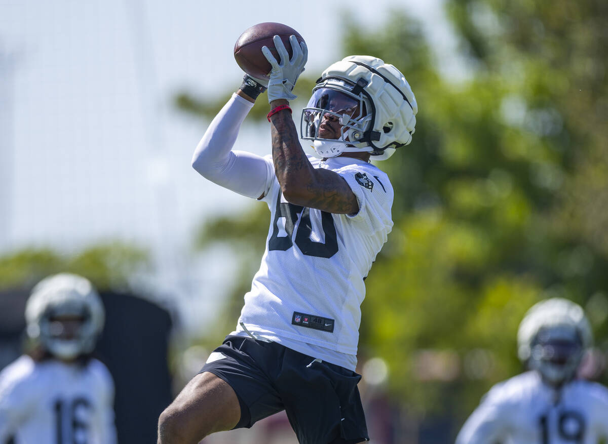 Raiders wide receiver Jeff Foreman (80) elevates to catch a pass during the second day of Raide ...