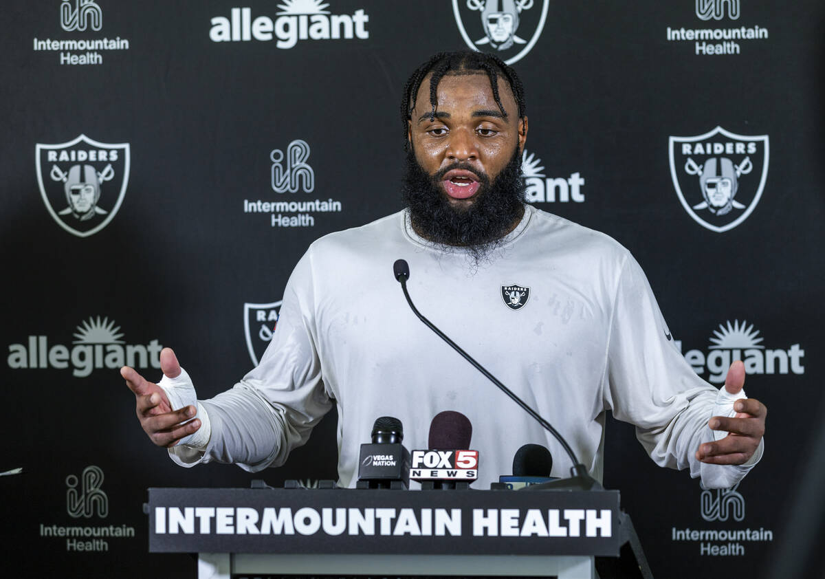 Raiders defensive tackle Christian Wilkins (94) answers a question during a media interview on ...