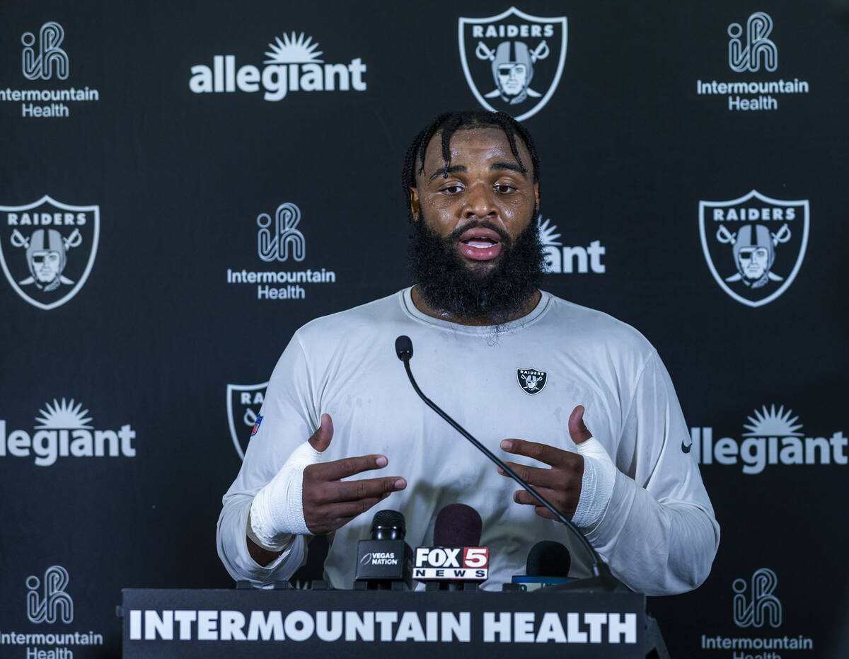 Raiders defensive tackle Christian Wilkins (94) answers a question during a media interview on ...