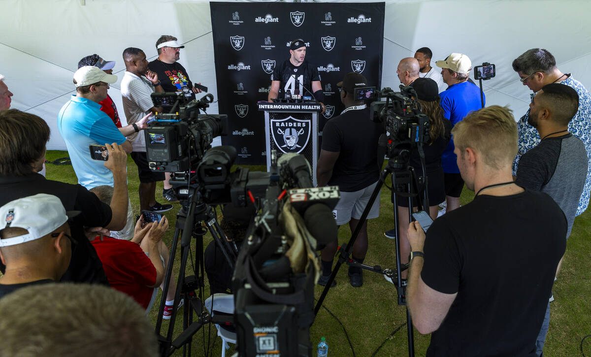 Raiders linebacker Robert Spillane (41) answers a question during a media interview on the seco ...