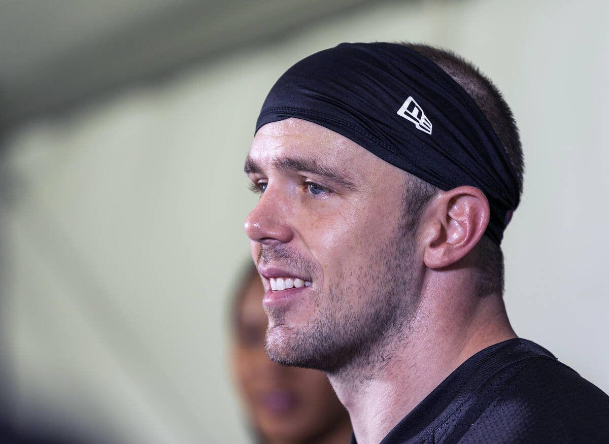 Raiders linebacker Robert Spillane (41) answers a question during a media interview on the seco ...