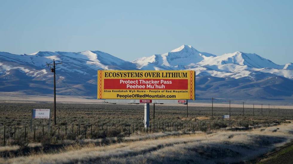 A billboard reads "Protect Thacker Pass" near the Fort McDermitt Paiute-Shoshone Indian Reserva ...