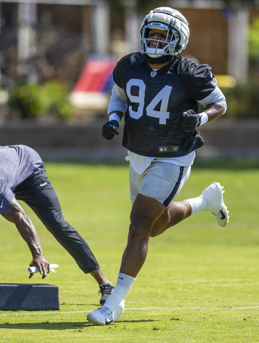 Raiders defensive tackle Christian Wilkins (94) runs on a drill during the second day of Raider ...