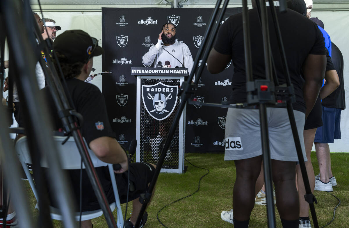 Raiders defensive tackle Christian Wilkins (94) answers a question during a media interview on ...