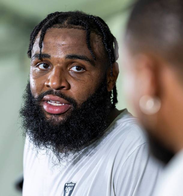Raiders defensive tackle Christian Wilkins (94) listens to a question during a media interview ...