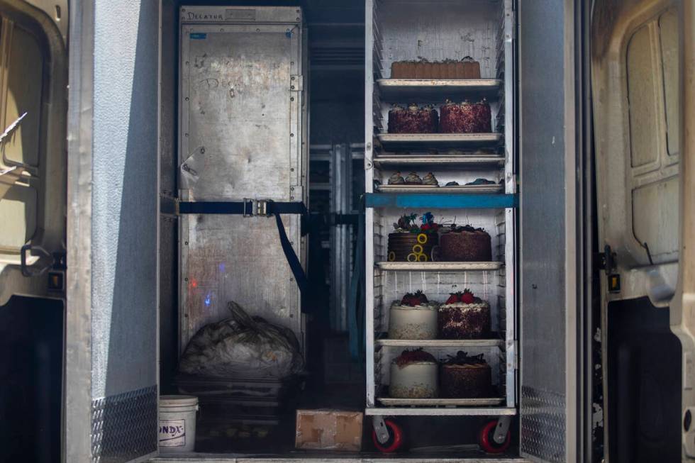 Charred cakes dry off after Las Vegas Fire & Rescue responds to a Freed’s Bakery del ...