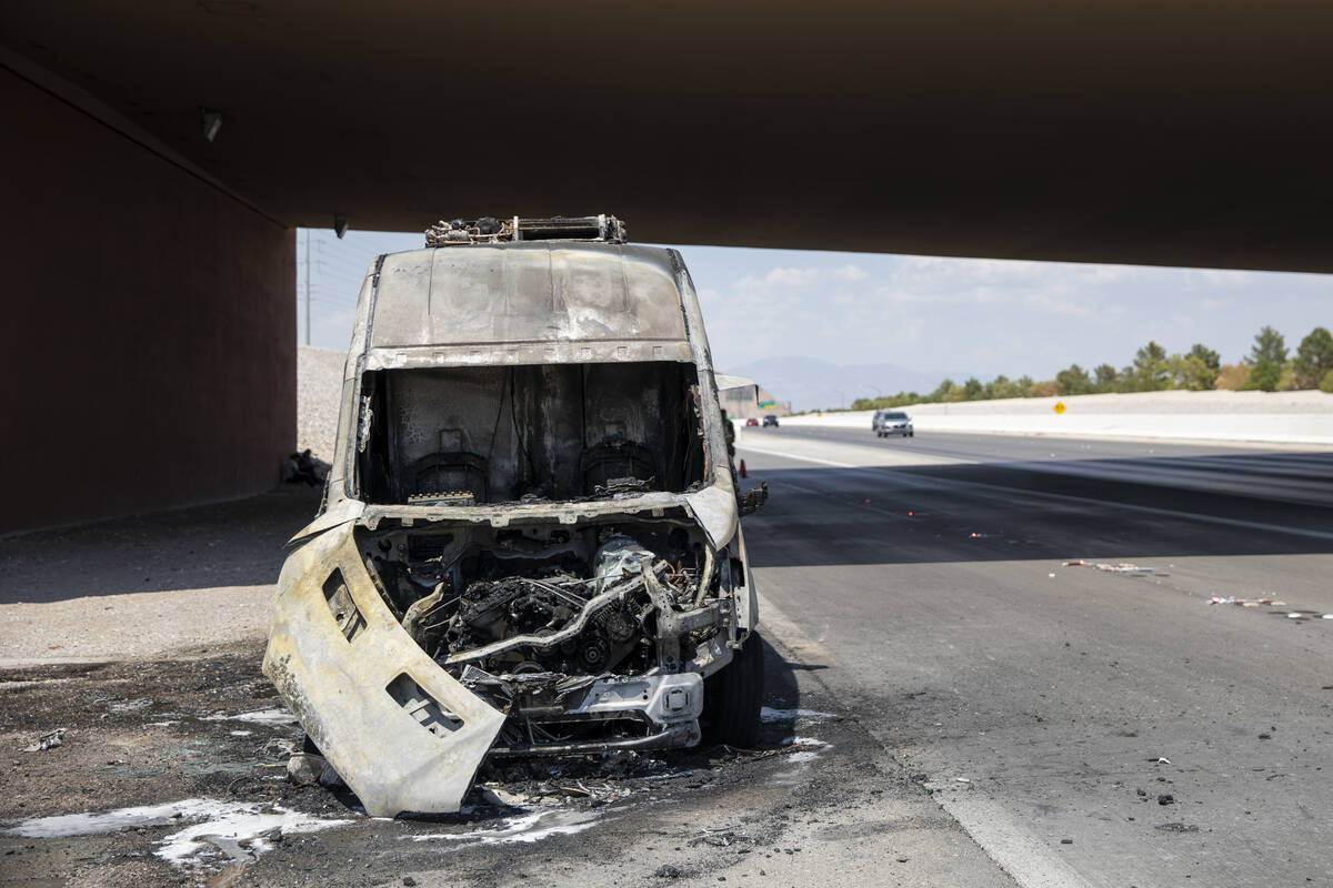 The charred remains of a Freed’s Bakery delivery truck sits after Las Vegas Fire & R ...