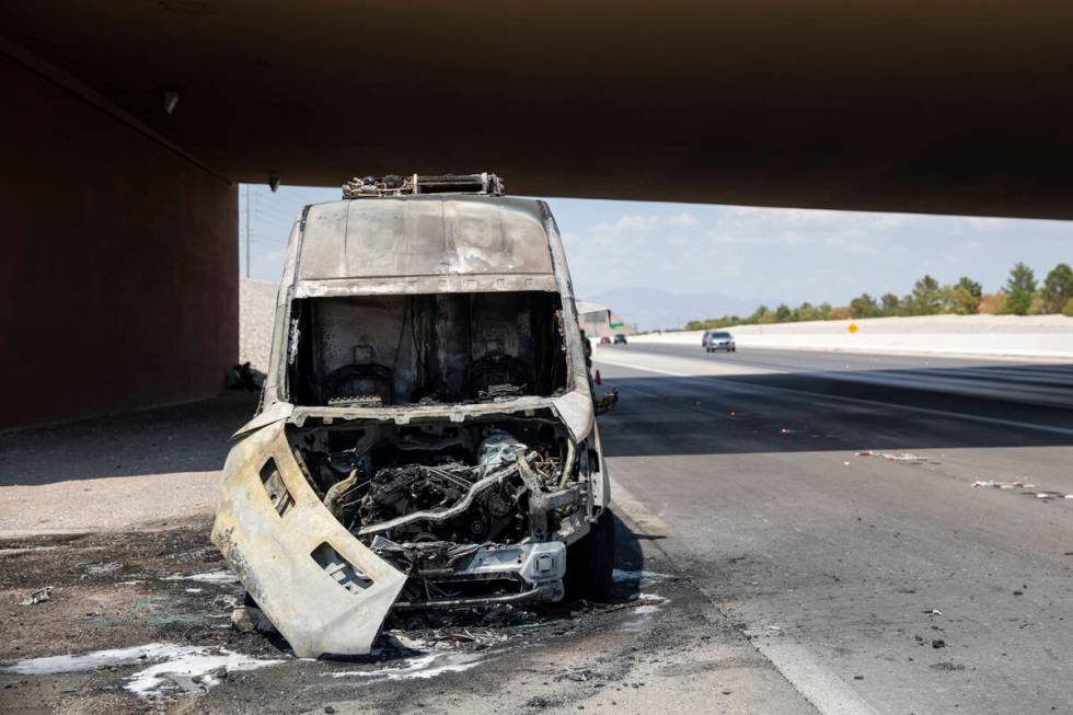 The charred remains of a Freed’s Bakery delivery truck sits after Las Vegas Fire & R ...