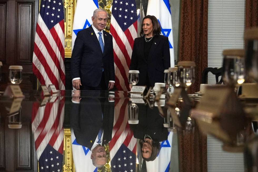 Vice President Kamala Harris, right, and Israeli Prime Minister Benjamin Netanyahu appear befor ...