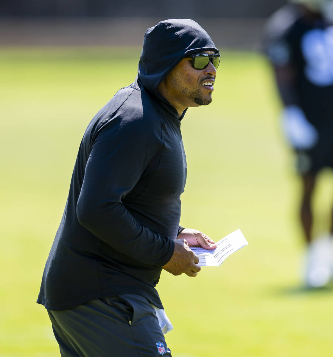 Raiders head coach Antonio Pierce watches his players on drills during the third day of Raiders ...