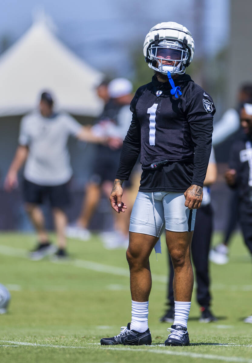 Raiders safety Marcus Epps (1) looks to teammates during the third day of Raiders training camp ...