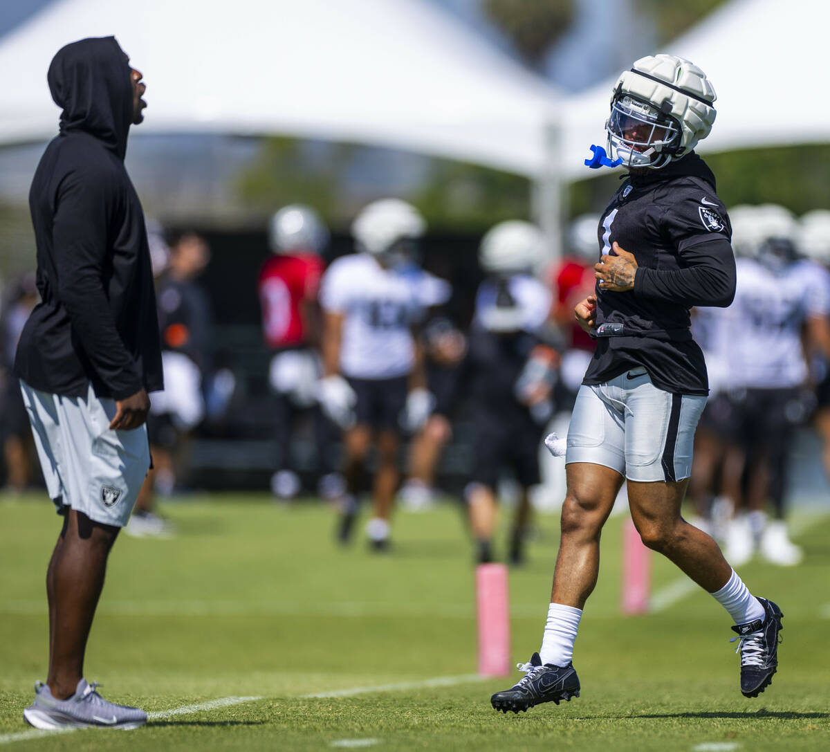 Raiders safety Marcus Epps (1) runs over for a drill during the third day of Raiders training c ...