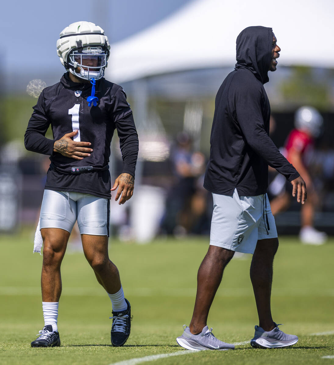 Raiders safety Marcus Epps (1) looks to teammates during the third day of Raiders training camp ...