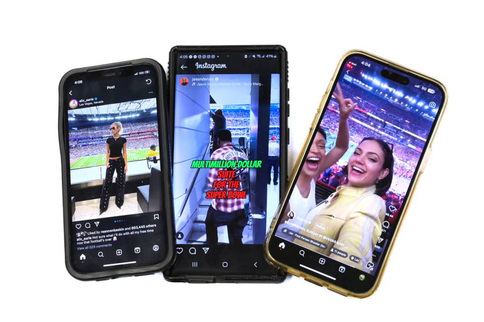 Three phones display posts by internet influencers who were hired by the LVCVA to produce conte ...
