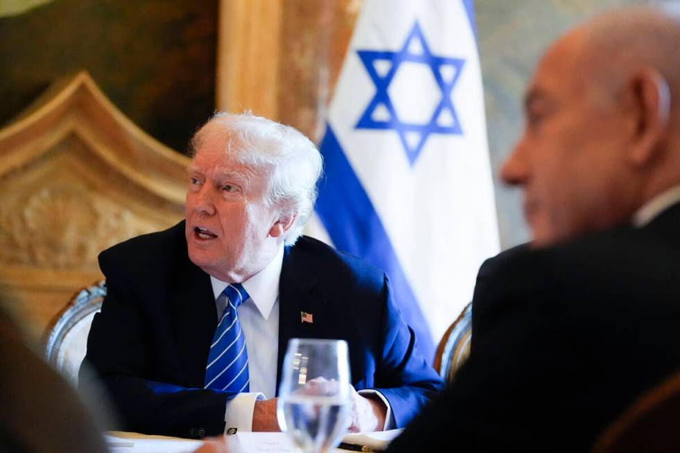 Republican presidential candidate former President Donald Trump meets with Israeli Prime Minist ...