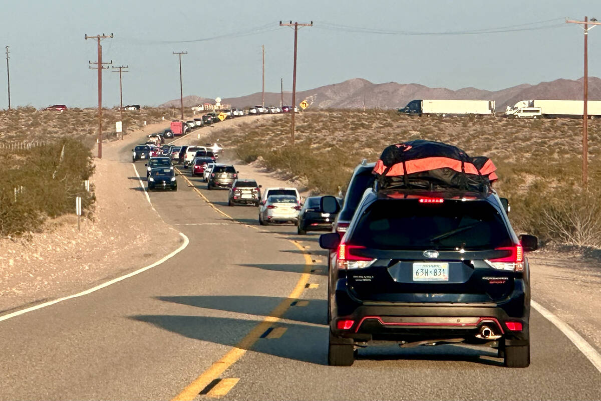 Cars backed up on the old route 66 west of Ludlow, California, attempting to get around miles o ...