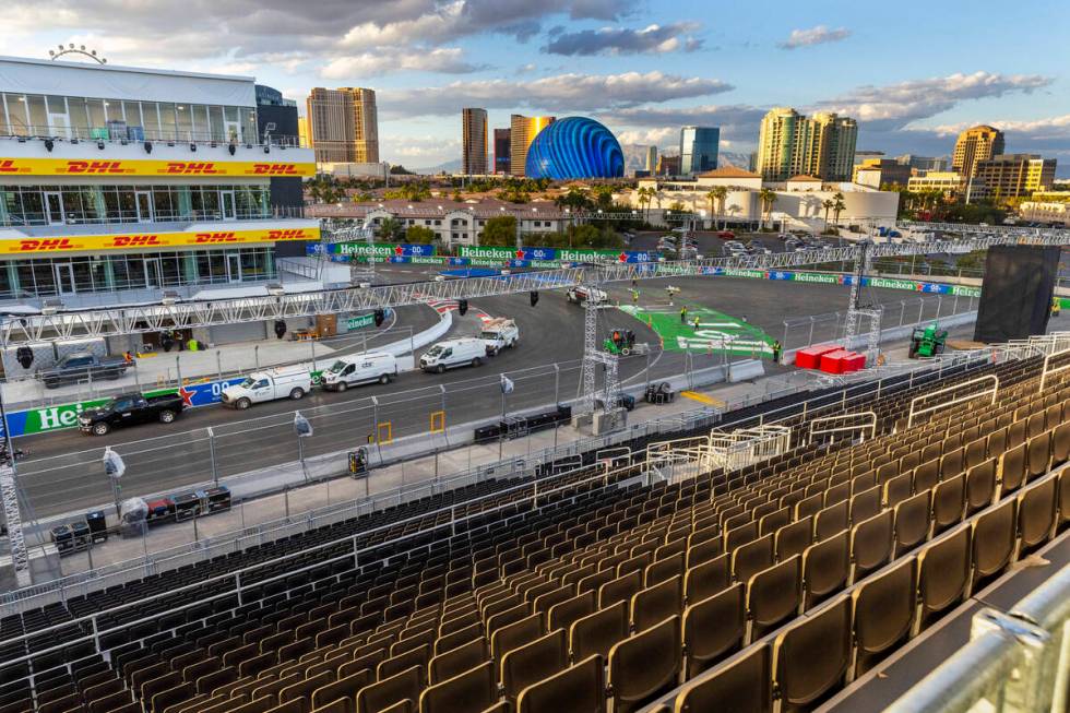 Turn One is painted on the track below the Sky Box adjacent to the Formula One Las Vegas Grand ...