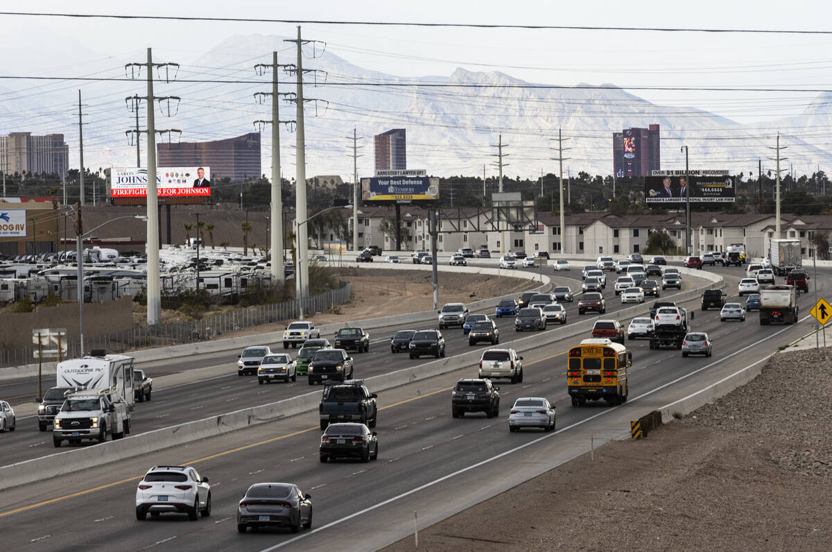 File - Motorists navigate on U.S. Highway 95, on Friday, March 10, 2023, as seen from Russell R ...