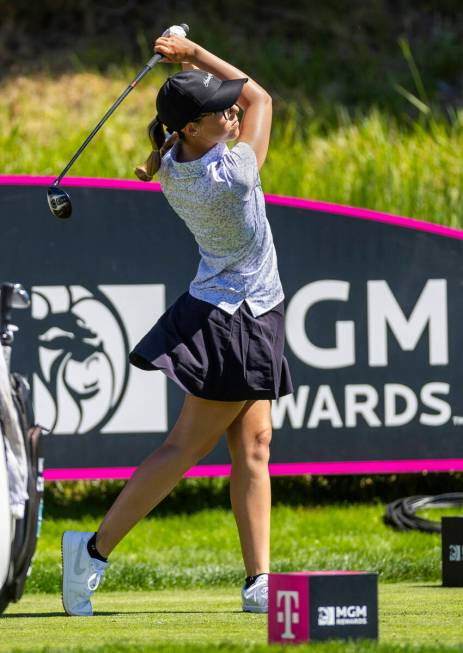 McKenzi Hall of UNLV watches the ball from the 13th tee during the first day of the LPGA T-Mobi ...