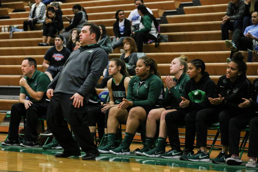 Green Valley basketball coach Eric Johnston reacts during a game against Beverly Hills at Green ...