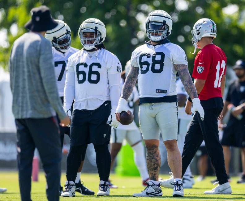 Raiders center Andre James (68) and guard Dylan Parham (66) listen to a coach during the second ...