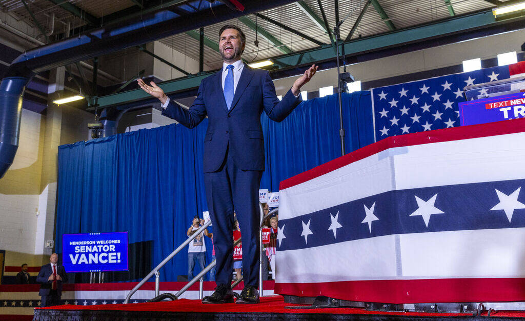 Ohio Senator JD Vance greets the crowd as he arrives on stage for him to deliver remarks during ...