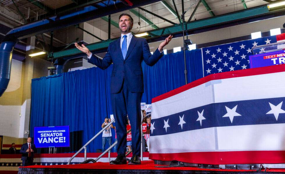 Ohio Senator JD Vance greets the crowd as he arrives on stage for him to deliver remarks during ...