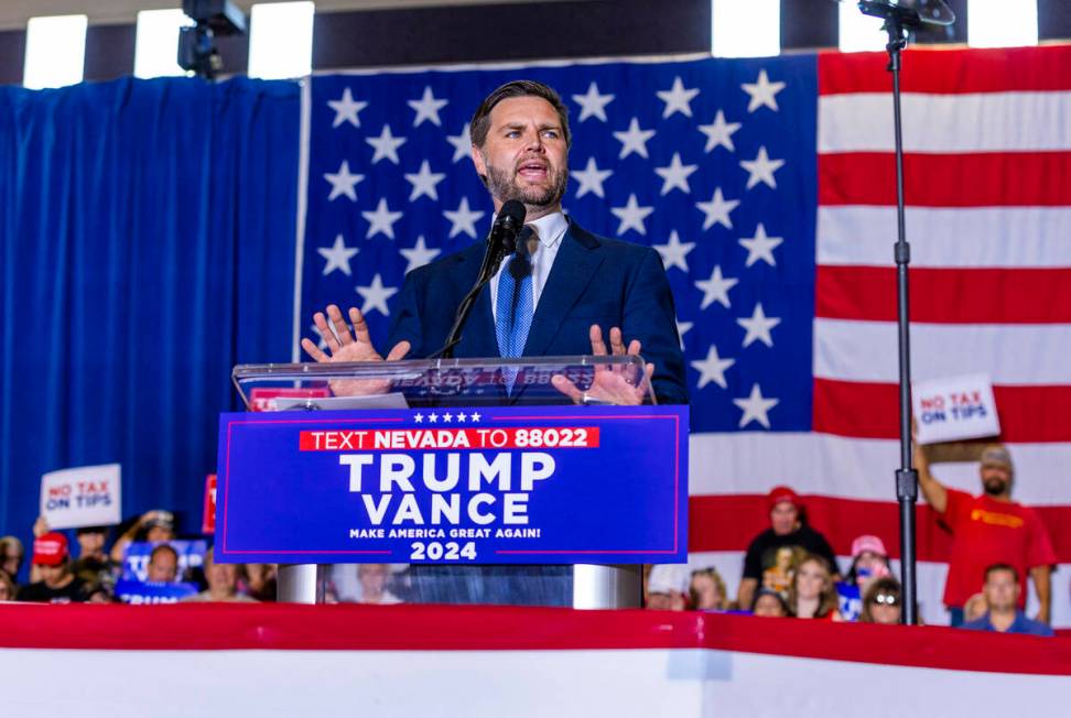 Ohio Senator JD Vance delivers remarks during a rally at Liberty High School on Tuesday, July 3 ...