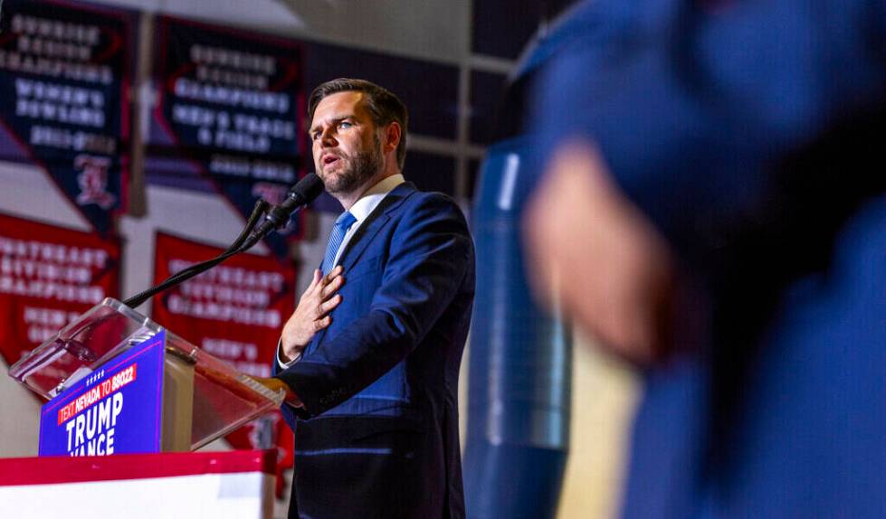 Ohio Senator JD Vance delivers remarks during a rally at Liberty High School as Secret Service ...