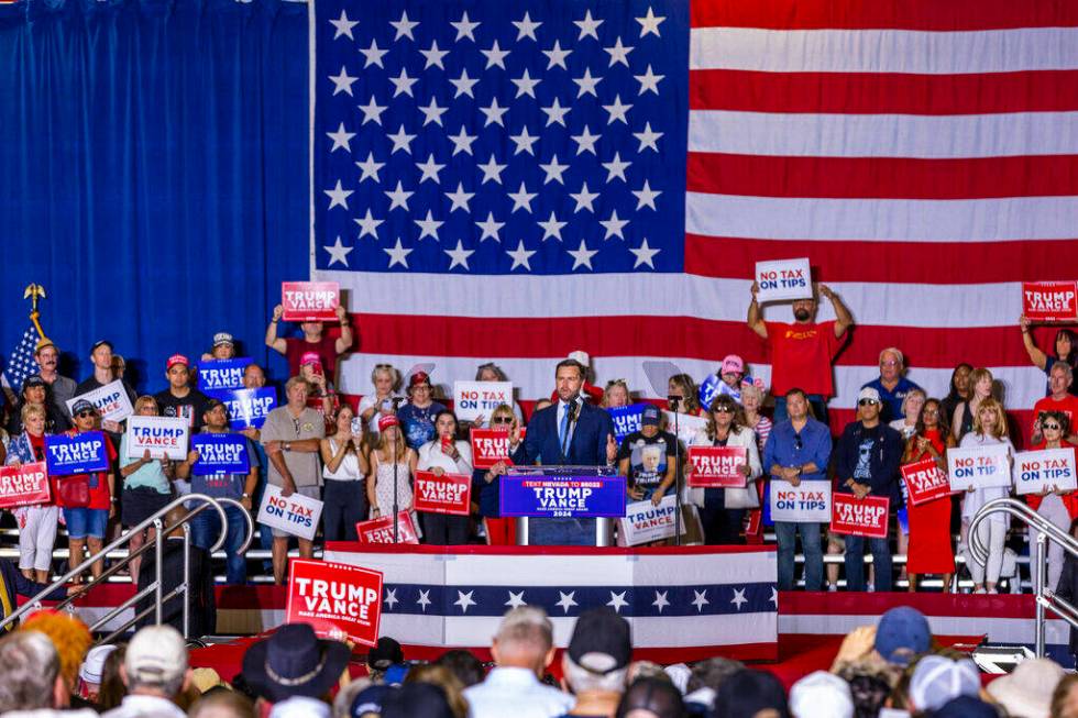 Ohio Senator JD Vance delivers remarks during a rally at Liberty High School on Tuesday, July 3 ...