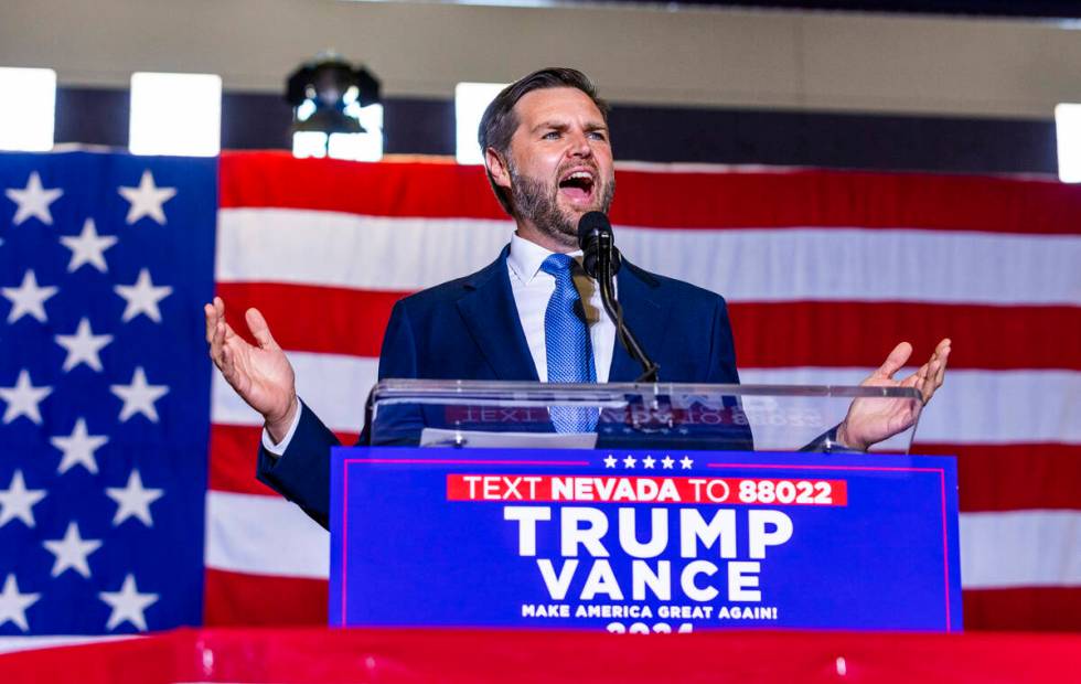 Ohio Senator JD Vance delivers remarks during a rally at Liberty High School on Tuesday, July 3 ...