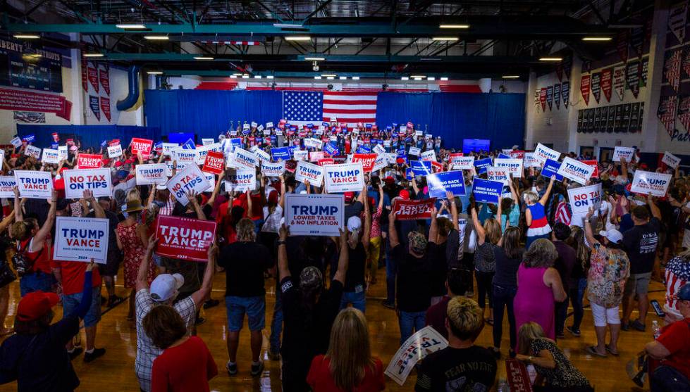 The crowd erupts and chants as they say goodbye to Ohio Senator JD Vance following remarks in a ...