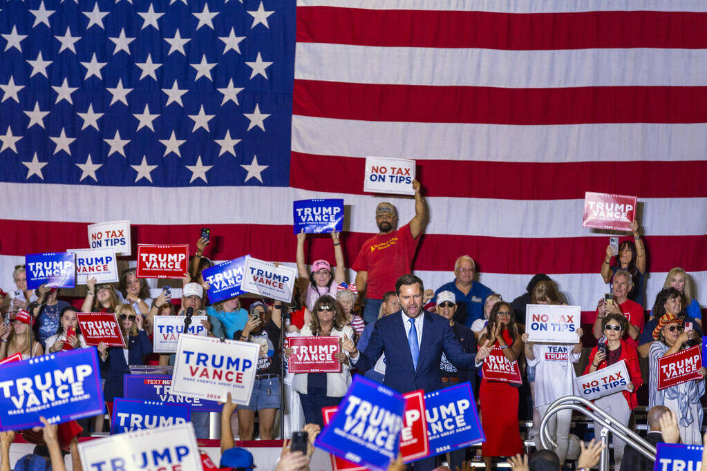 Ohio Senator JD Vance says goodbye to the crowrd following remarks at a rally at Liberty High S ...