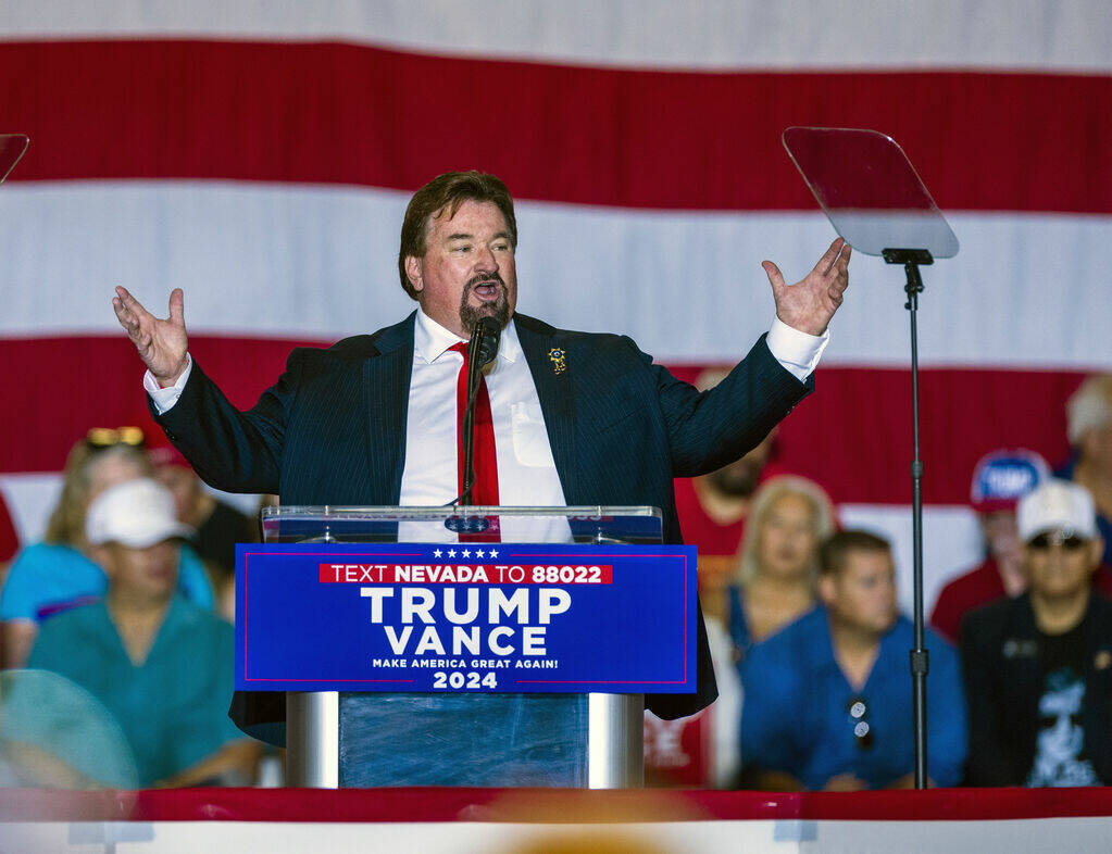 Michael McDonald, the chair of the Republican Party of Nevada, delivers remarks during a rally ...