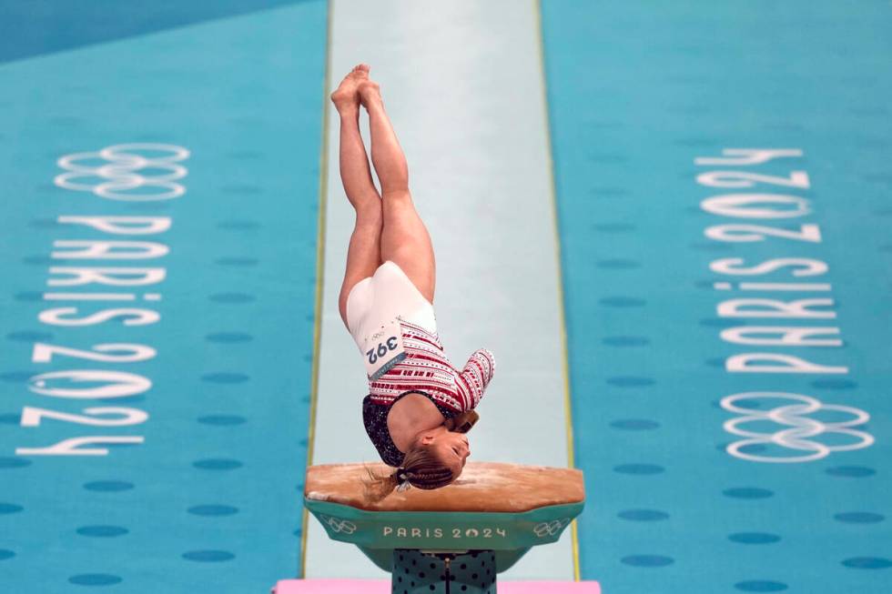 Jade Carey, of the United States, performs on the vault during the women's artistic gymnastics ...