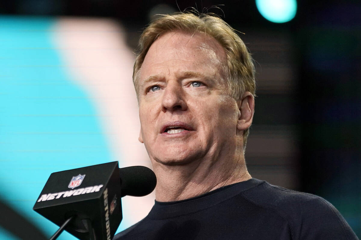 NFL Commissioner Roger Goodell speaks during the NFL football draft in Cleveland on May 1, 2021 ...