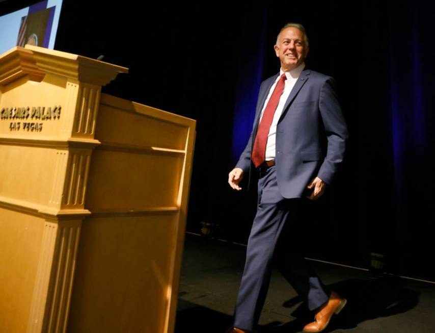 Gov. Joe Lombardo takes the podium to speaks at a Clark County Education Association new hire e ...