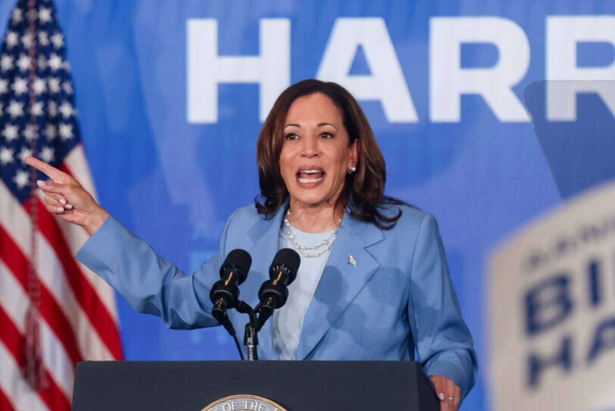 Vice President Kamala Harris addresses supporters at a campaign event at Resorts World Las Vega ...