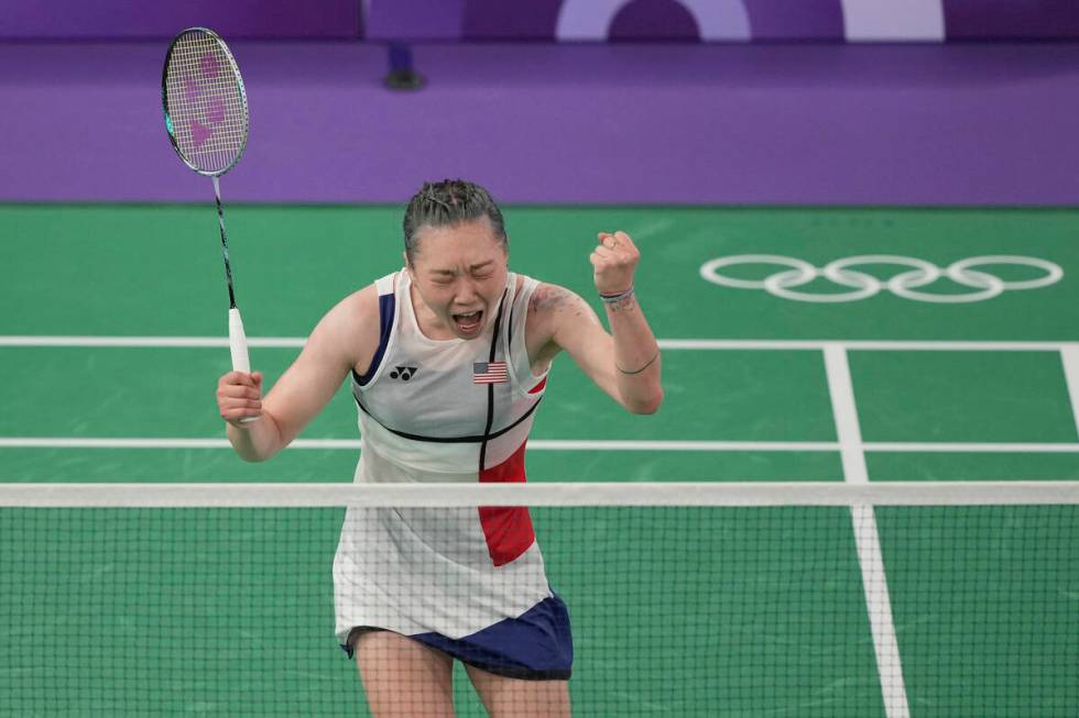 United States' Zhang Beiwen celebrates after defeating Vietnam's Nguyen Thuy Linh during their ...