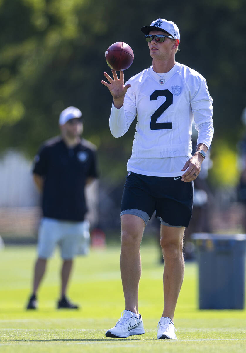 Raiders kicker Daniel Carlson (2) readies for another kick during the first day of Raiders trai ...