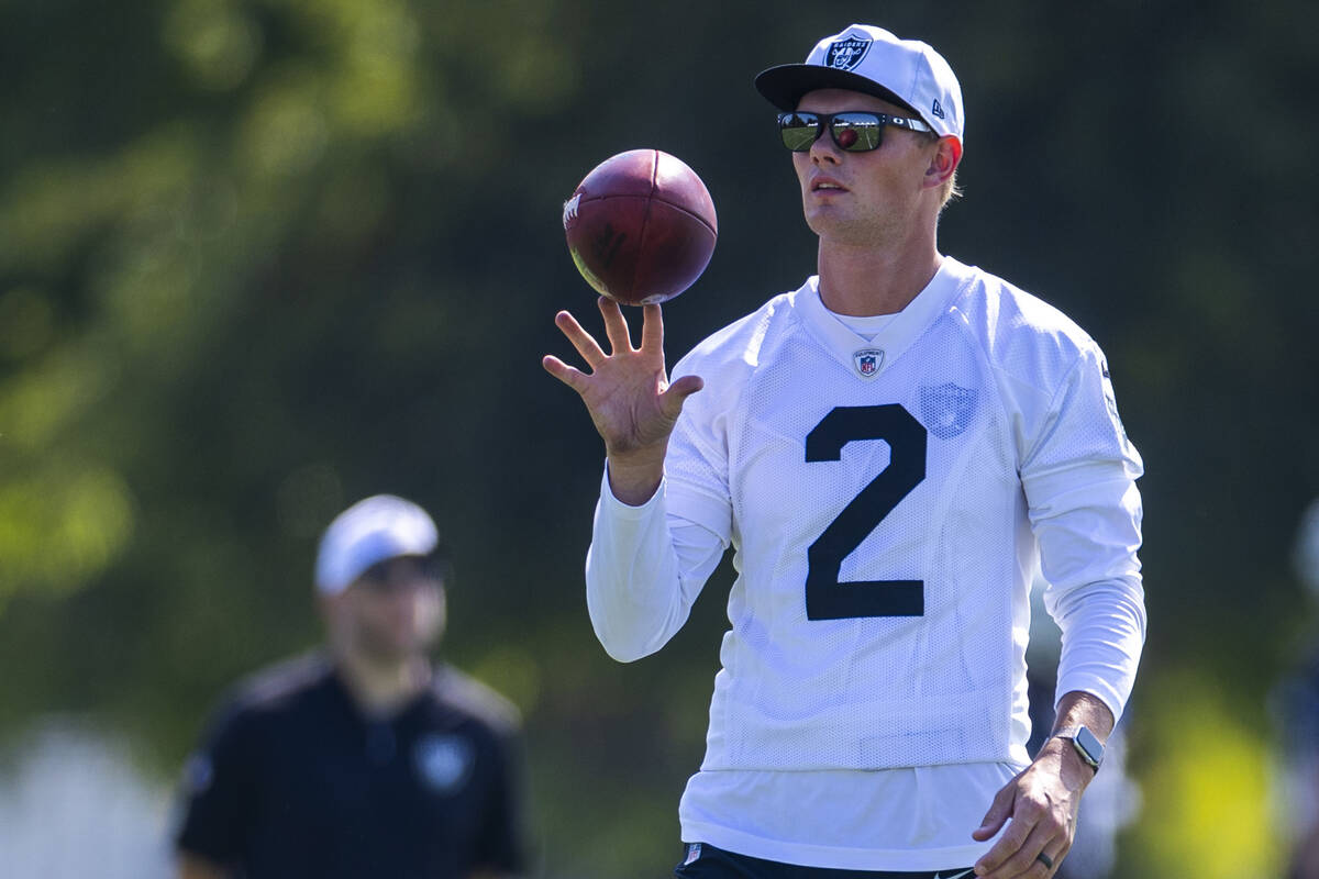 Raiders kicker Daniel Carlson (2) readies for another kick during the first day of Raiders trai ...