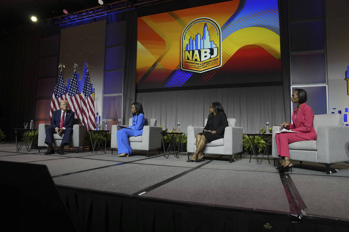 Republican presidential candidate former President Donald Trump, left, moderated by ABC's Rache ...