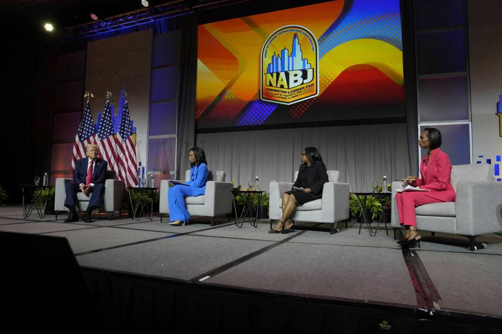 Republican presidential candidate former President Donald Trump, left, moderated by ABC's Rache ...